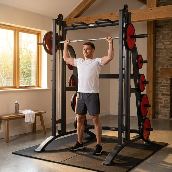 Smith Machine Strength System Built for Home Training, Multi-Position Bar, Adjustable Safety Hooks