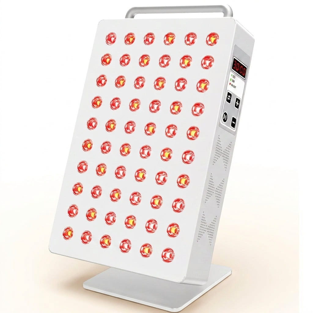 Red Light Therapy Panel 5 Wavelength 60 Dual Chip Leds 630+660+810+830+850Nm Red and near Infrared Lamp Therapy Device 100W with Timer & Stand for Body Pain Relief Face Skin Health Sleep White — Studio Shot